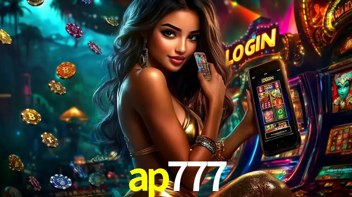 Mulher em um cenário de cassino temático de aventura, mostrando o app de caça-níqueis da ap777 no celular. Fichas de apostas flutuam ao redor.