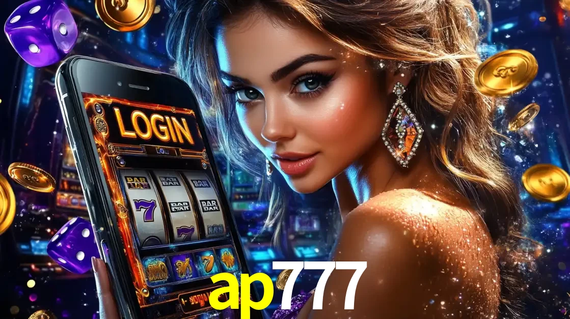 Mulher glamorosa segurando um smartphone com a tela de login para os jogos de caça-níqueis do cassino online ap777, com moedas de ouro e dados ao redor.