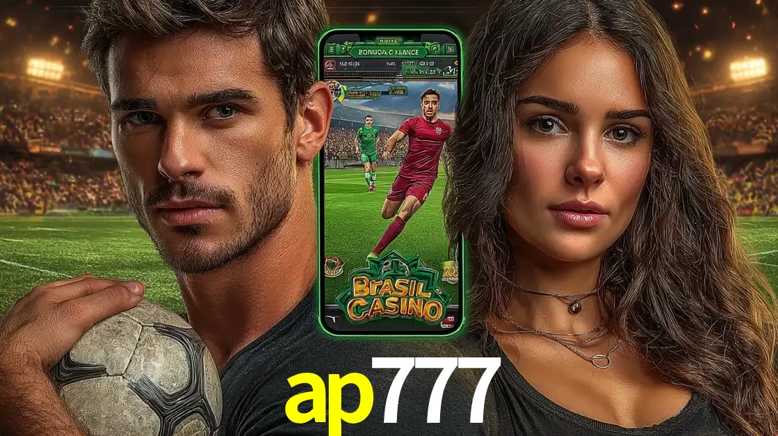 Homem segurando uma bola de futebol e uma mulher ao lado de um smartphone exibindo o jogo de apostas esportivas da ap777. Faça seu palpite no cassino online.